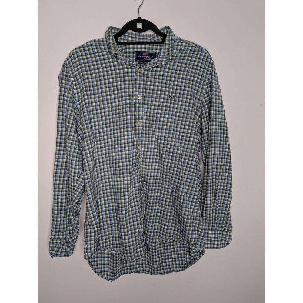 Vineyard Vines Shirt Mens Large Green Blue Check Slim Fit Whale Button Front